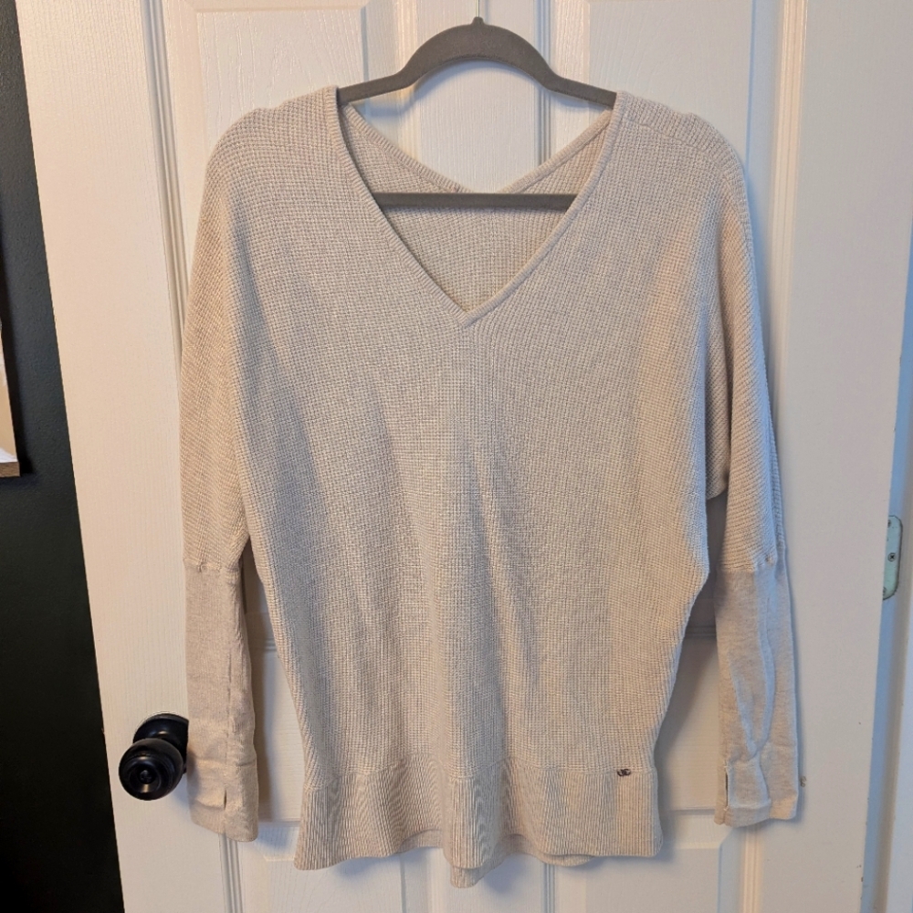 CALIA Cream Waffle Knit V Neck Sweater Long Sleeve Shirt, Size M?